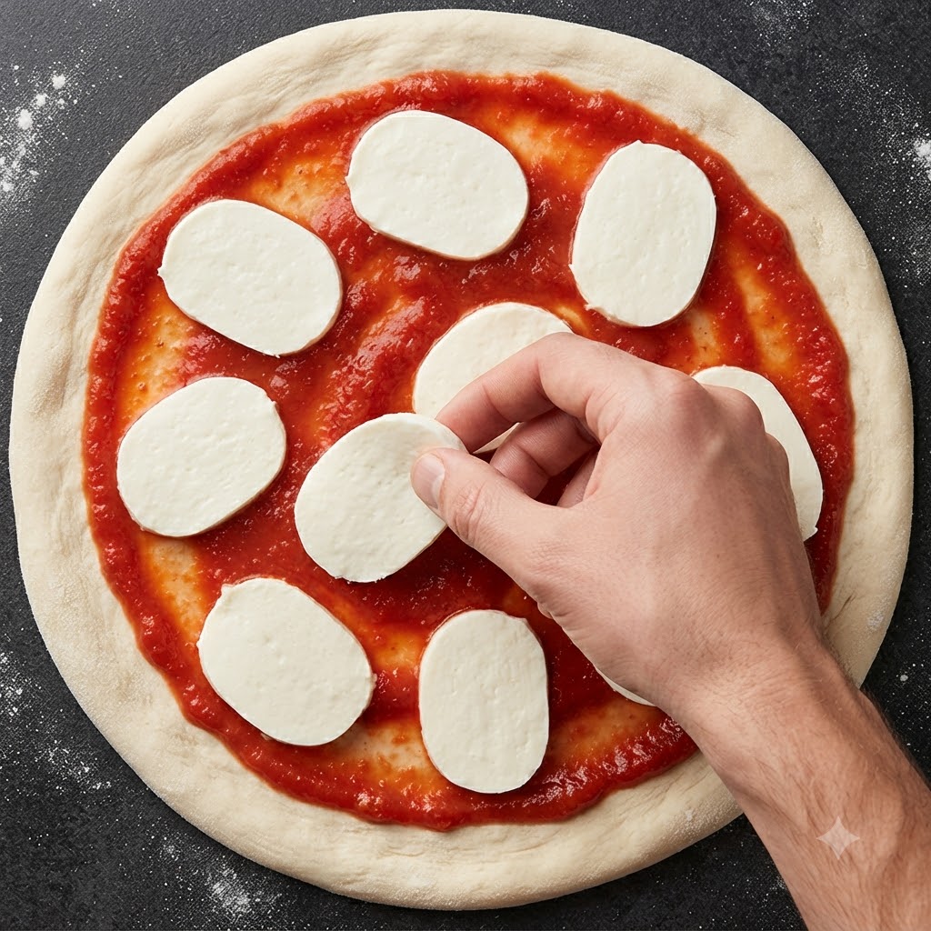 Una mano colocando una rodaja de queso mozzarella en una base de pizza redonda cubierta con salsa de tomate.