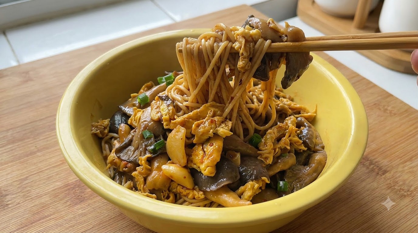 Un tazón amarillo de fideos mixtos con champiñones ostra y huevo sostenidos con palillos