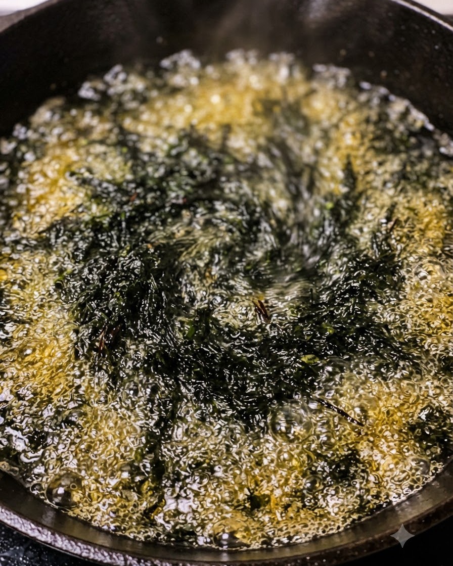 Vista de cerca de condimentos y aromáticos burbujeando y friéndose en aceite dentro de una sartén.