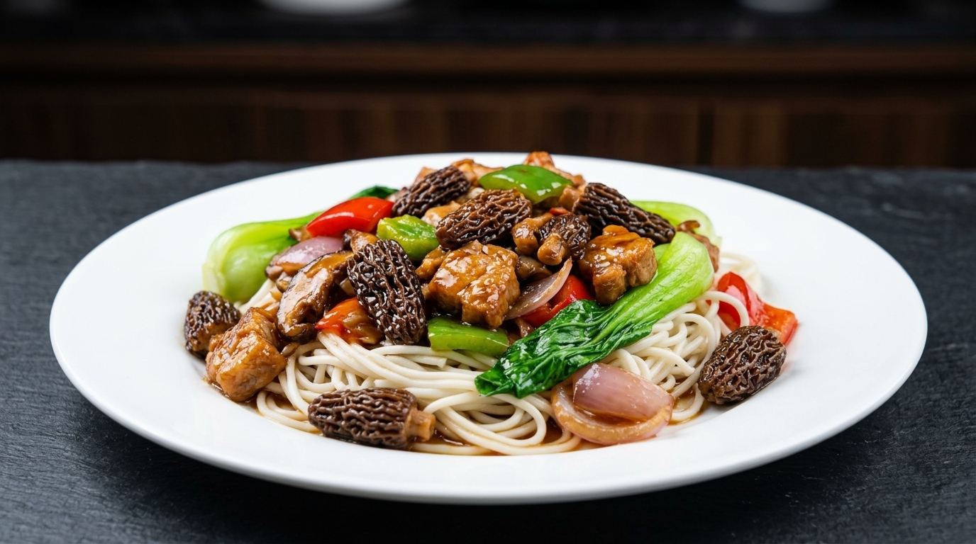 Fideos con Hongos Bachu y Cerdo Salteado