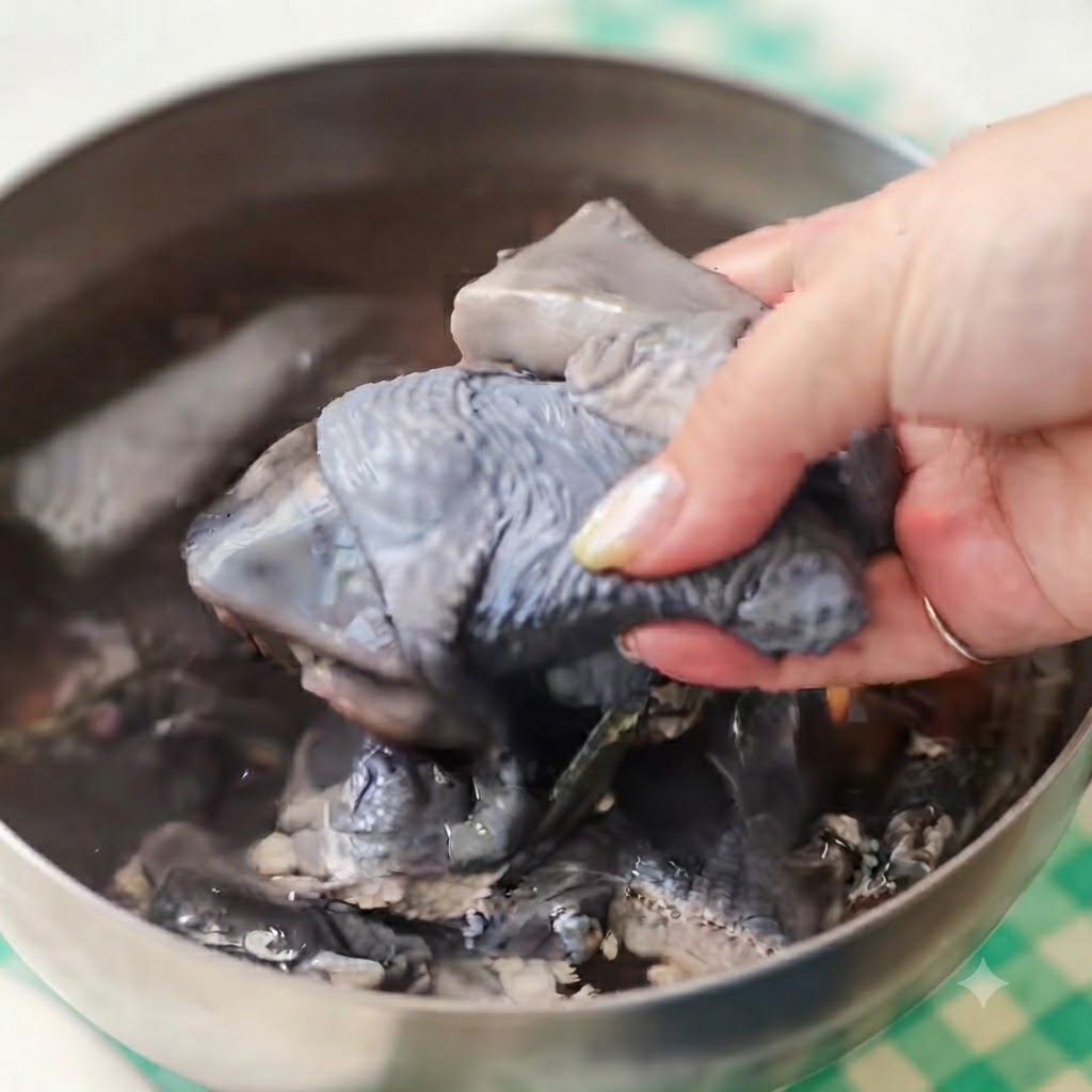 Trozos de pollo de piel negra crudos escurriéndose en un bol de metal.