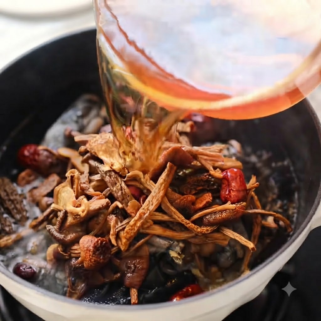 Hongos remojados y dátiles rojos agregándose a la olla que contiene el pollo.