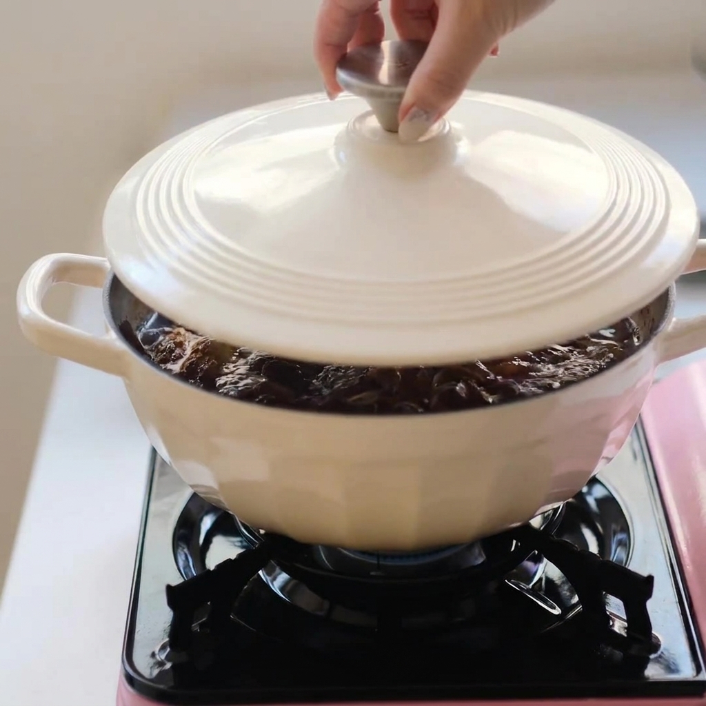 Una olla blanca tapada cocinándose a fuego lento en una estufa portátil.