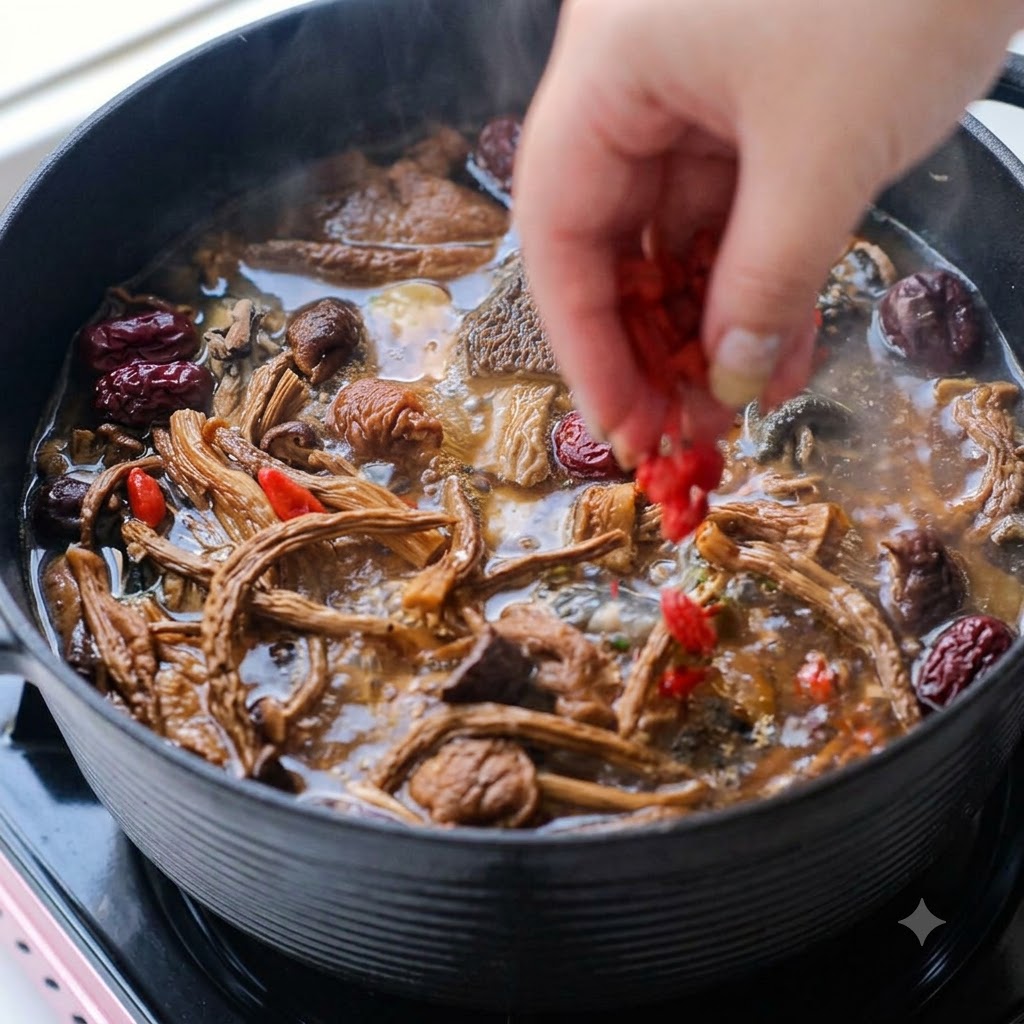 Bayas de goji cayendo dentro de la olla de sopa burbujeante.