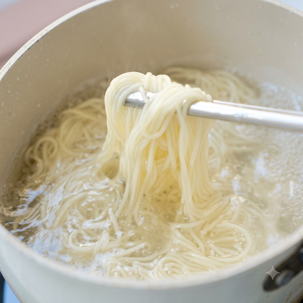 Fideos cocinándose y removiéndose en agua hirviendo dentro de una olla de tonos claros.