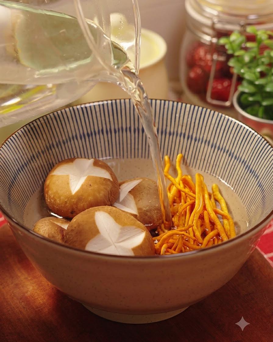 Agua tibia siendo vertida en un bol con champiñones shiitake y flores de cordyceps.