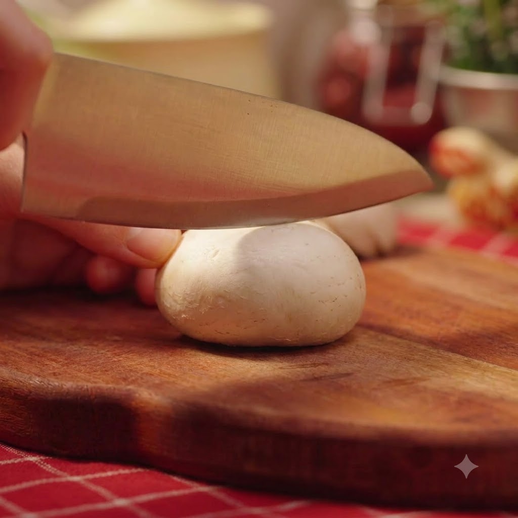 Un cuchillo de cocina cortando champiñones blancos en rodajas sobre una tabla de cortar de madera.