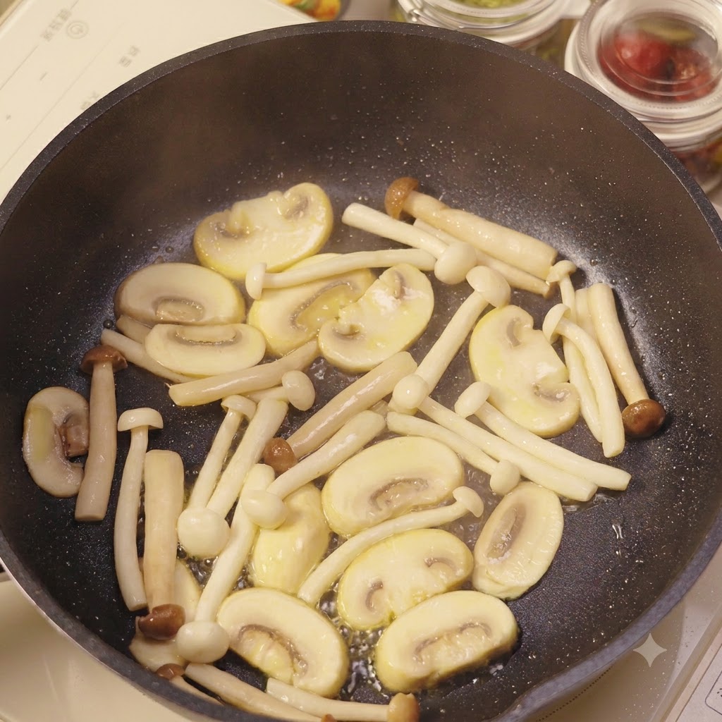 Ajo picado siendo removido entre los champiñones salteados en una sartén con una espátula.