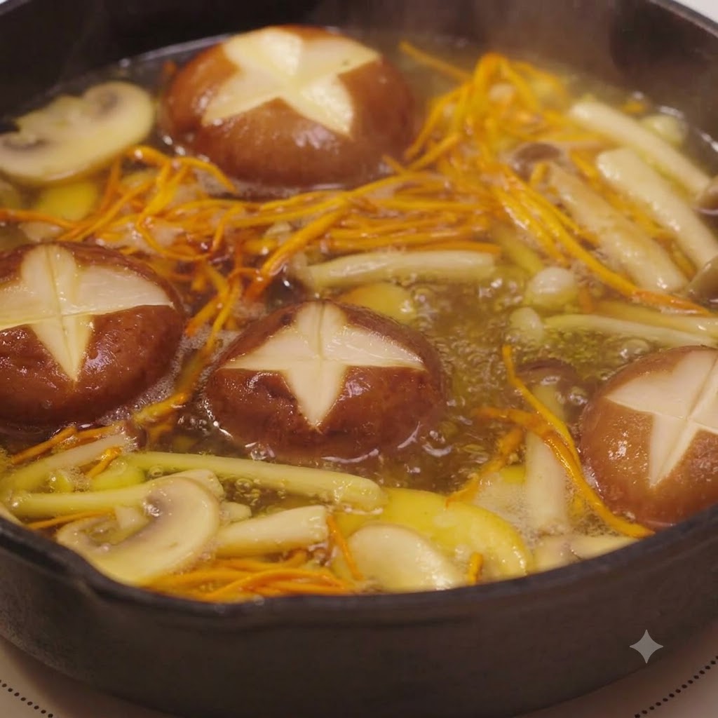 Salsa de soja clara siendo añadida desde una cuchara a una sartén con caldo de champiñones a fuego lento.