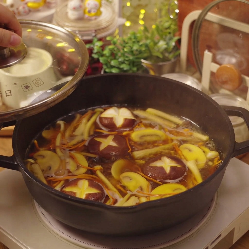 Una tapa de cristal siendo colocada sobre la sartén que contiene la sopa de champiñones hirviendo a fuego lento.