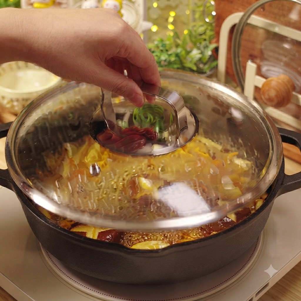 La tapa de cristal siendo retirada de una sartén llena de sopa de champiñones burbujeante.