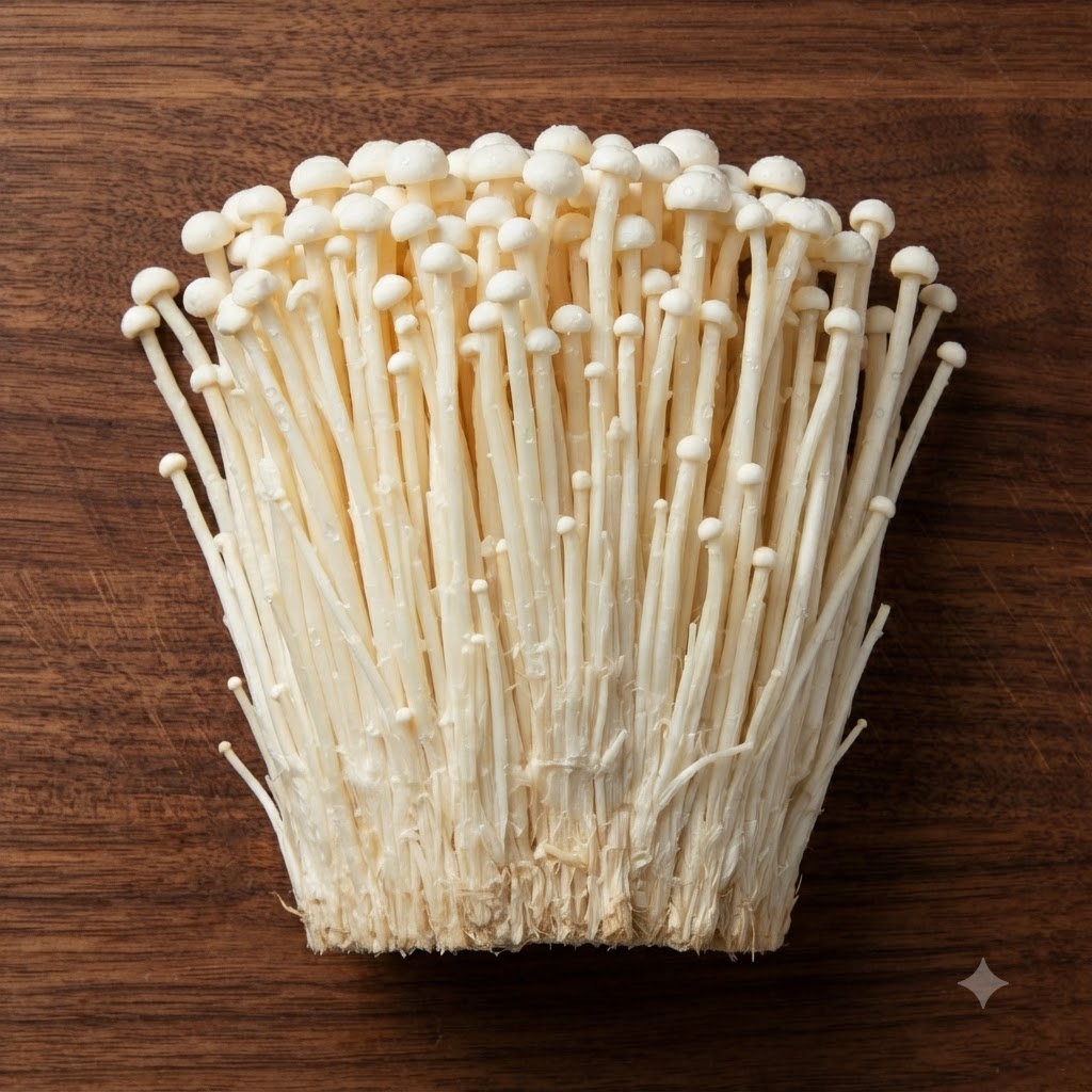 Un manojo fresco de setas enoki apoyado sobre una tabla de cortar de madera oscura con las raíces recortadas.