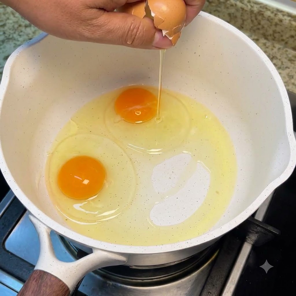 Dos huevos enteros siendo cascados en una olla blanca llena de aceite de cocina a fuego lento.