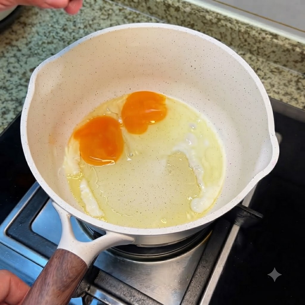 Huevos fritos siendo volteados suavemente en una olla de cocción blanca usando una espátula de silicona rosa.