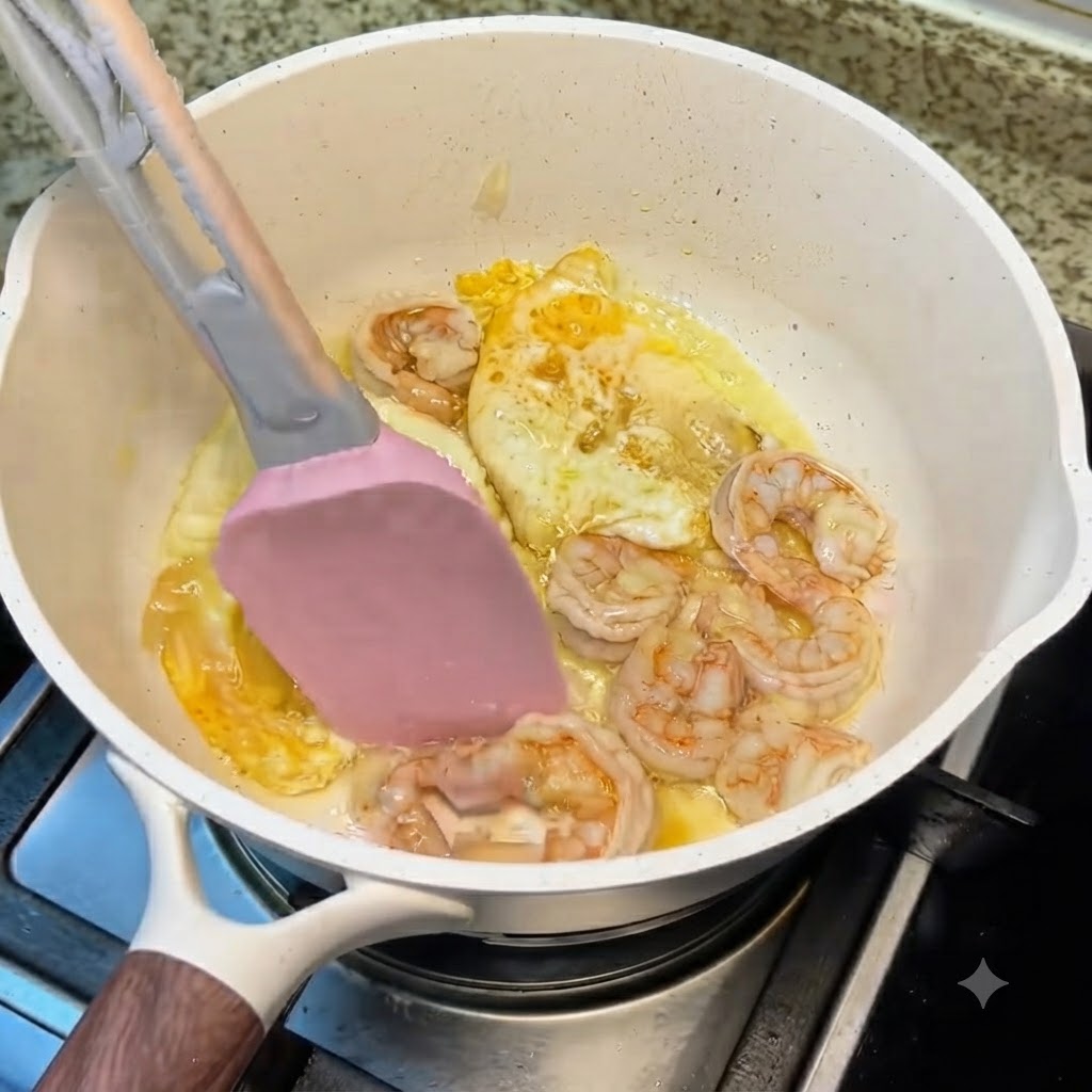 Una variedad de setas preparadas siendo añadidas a la olla blanca que contiene los huevos y los camarones.