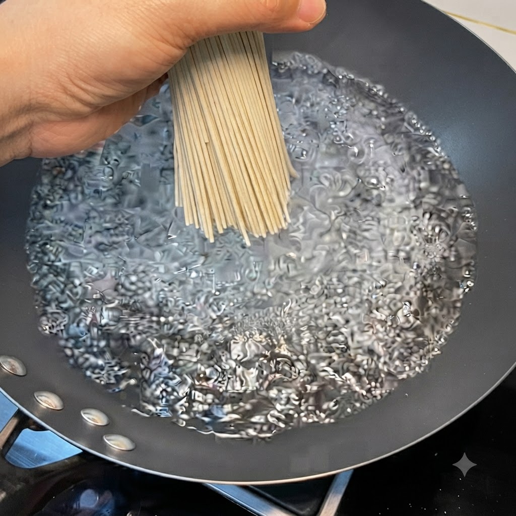 Un manojo de fideos secos siendo bajado a un wok separado con agua hirviendo.