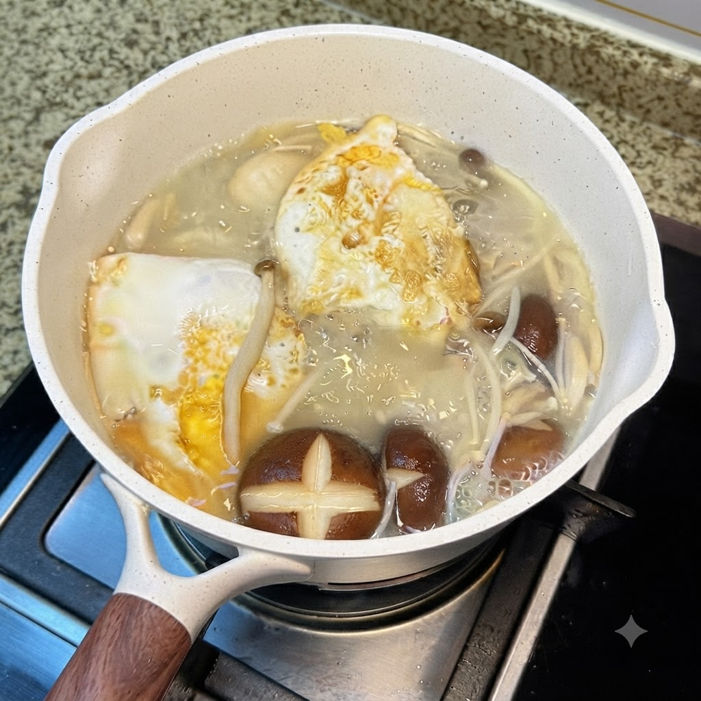 Una cuchara pequeña añadiendo sal blanca en el caldo hirviendo lleno de setas y huevos fritos dentro de una olla de cerámica blanca.