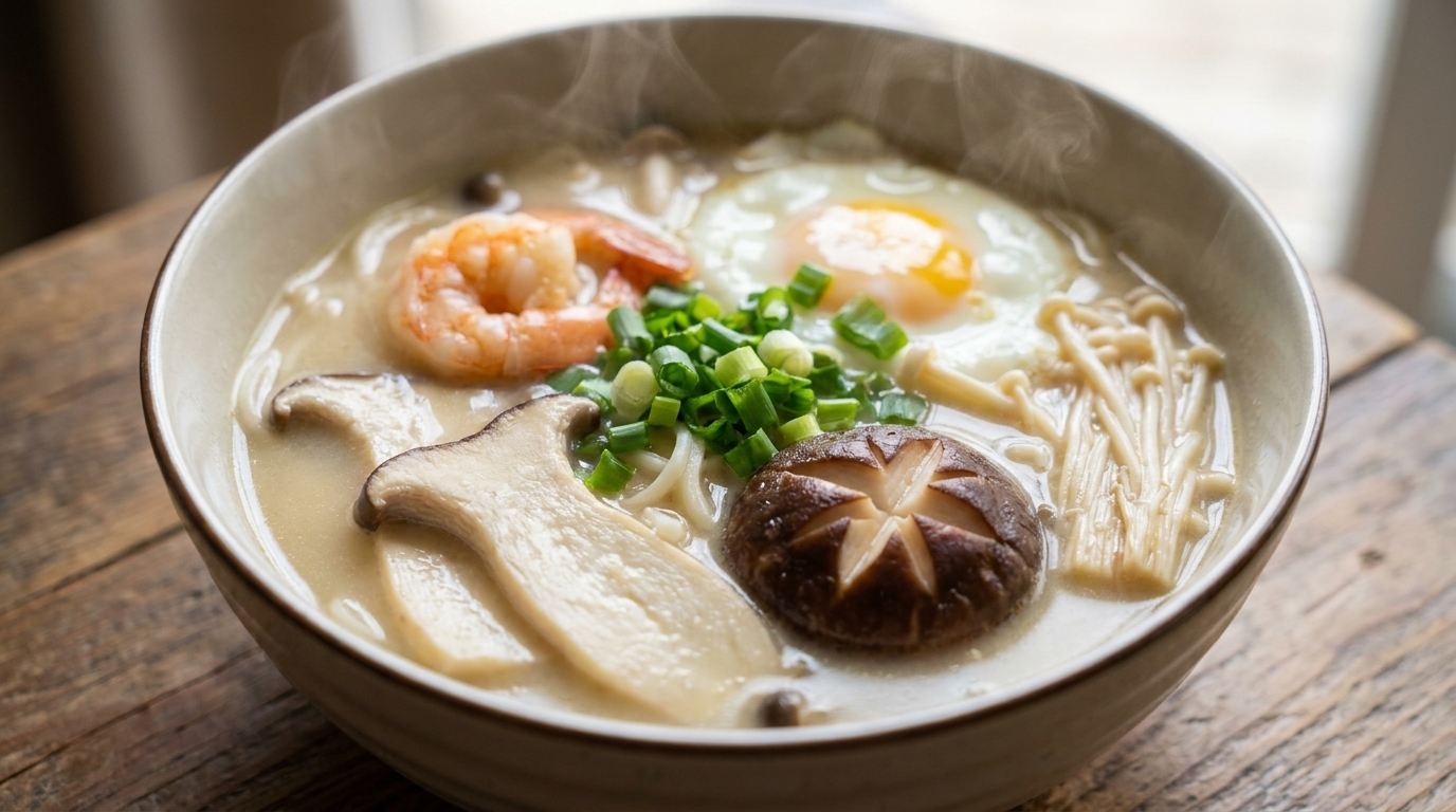 Sopa de Fideos con setas y camarones