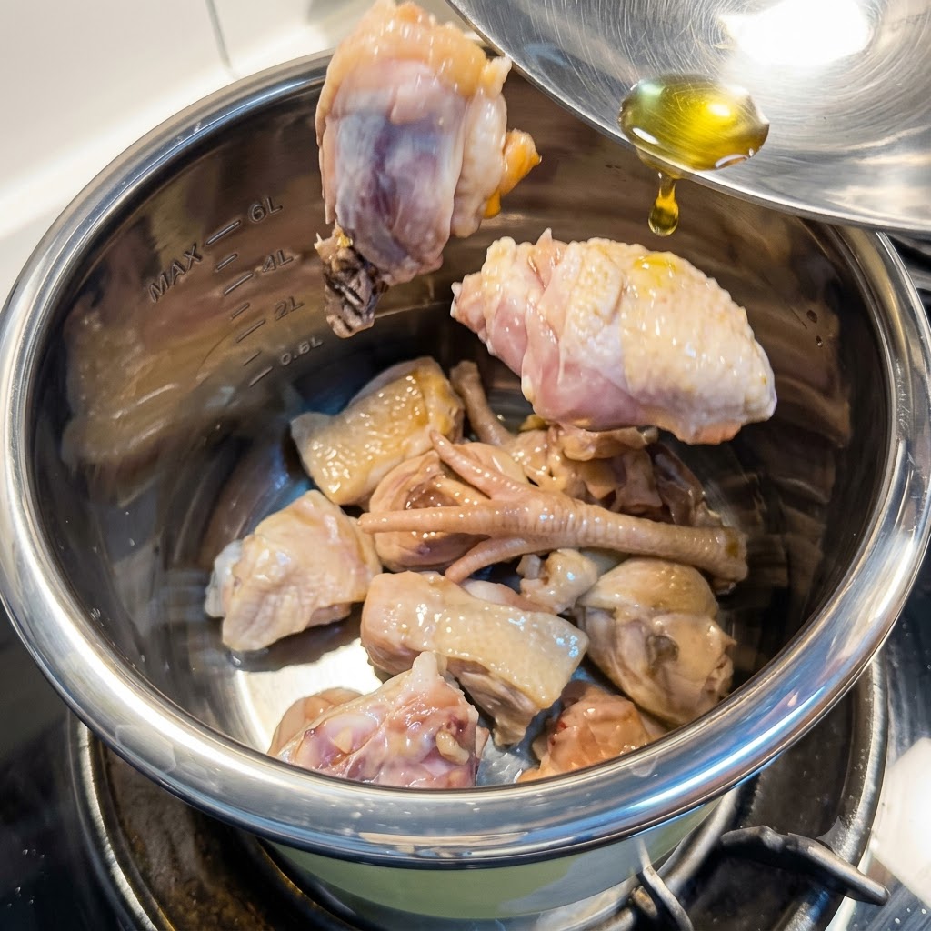 Trozos de pollo frito siendo transferidos a una olla de cocción de metal.