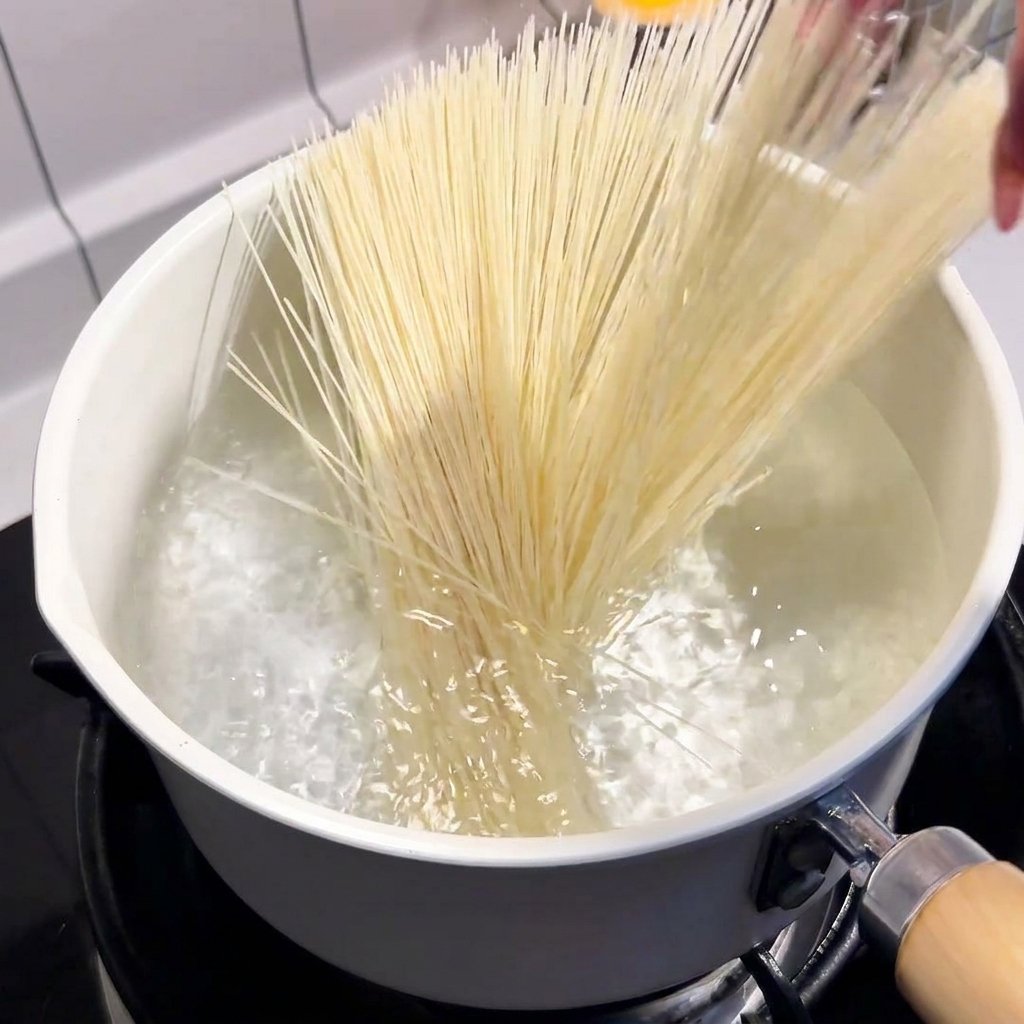 Hebras de fideos blancos siendo colocadas en una olla con agua hirviendo.