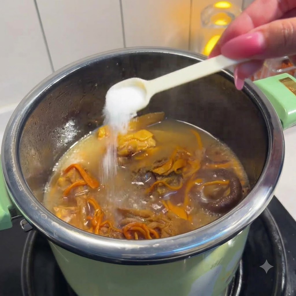 Una pequeña cuchara blanca añadiendo sal en una olla con sopa de pollo y hongos a fuego lento.