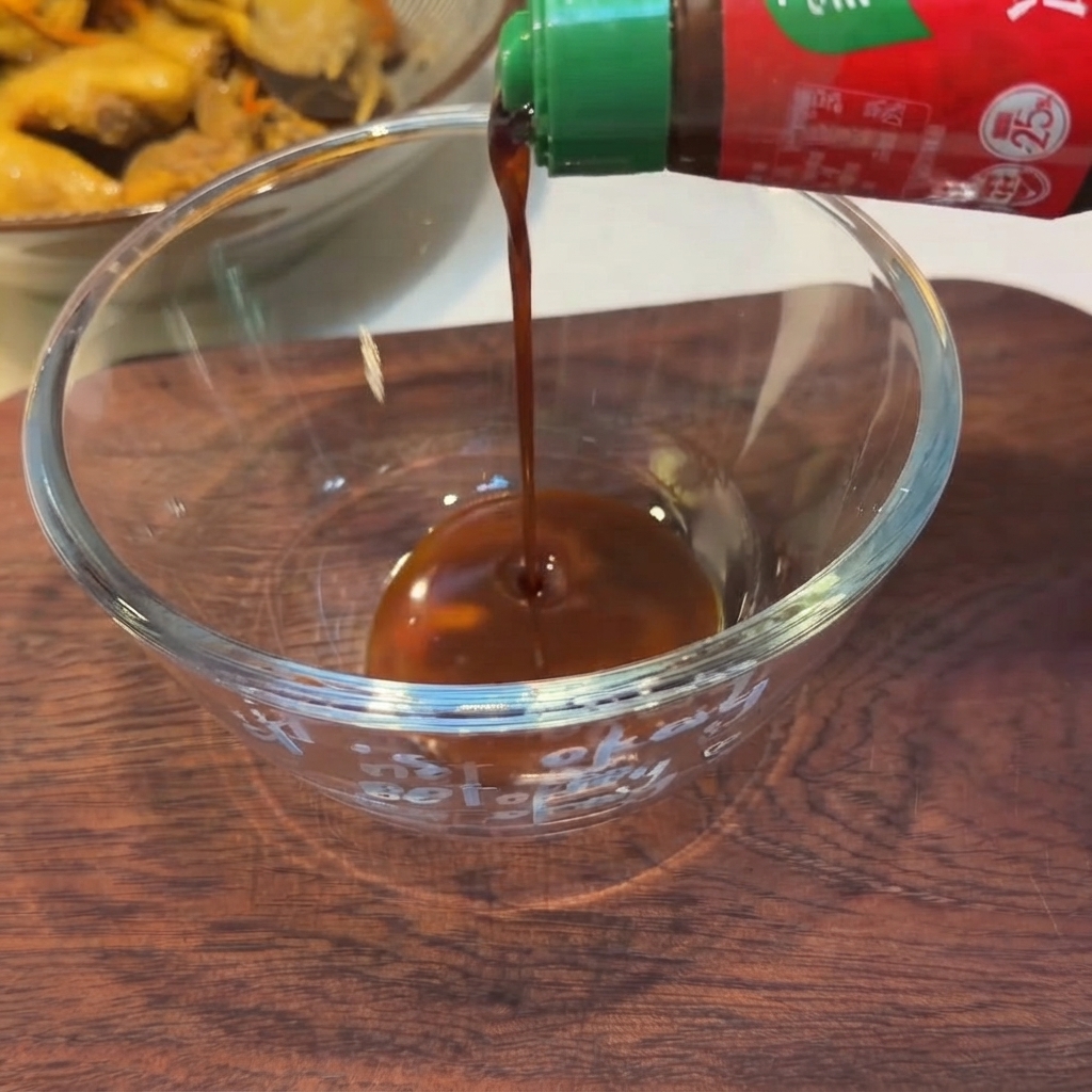 Salsa oscura siendo vertida de una botella con tapa verde en un tazón de vidrio transparente.