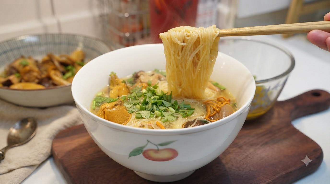 Un tazón de sopa de fideos con pollo y hongos adornado con hierbas frescas y levantado con palillos