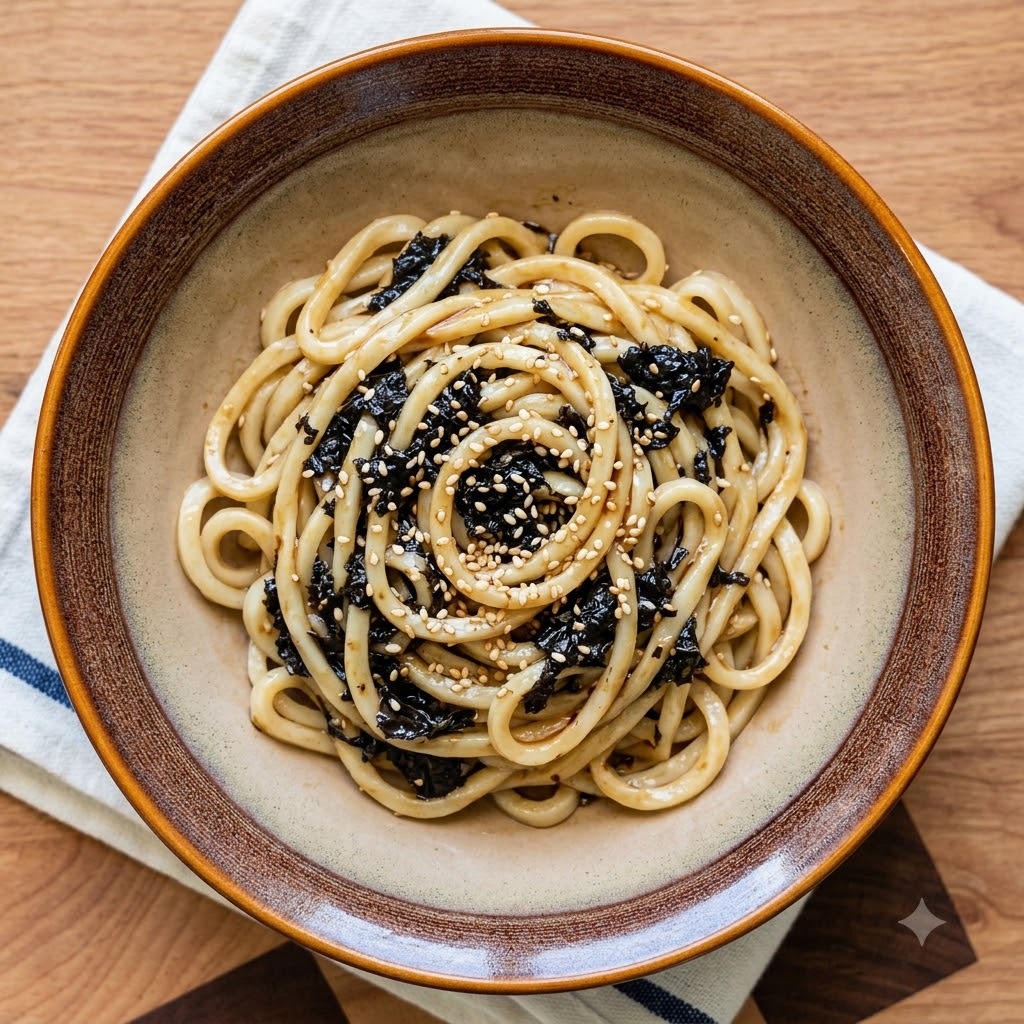 Fideos cocidos colocados dentro de un tazón sobre una base de alga y semillas de sésamo.