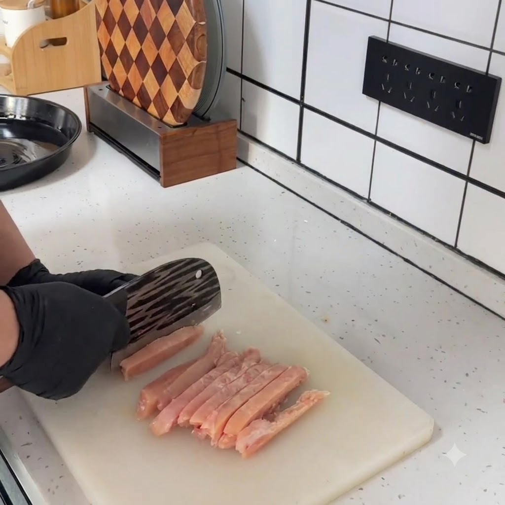 Primer plano de cubos de pollo crudo pequeños y recién cortados, ordenados de forma ordenada en una tabla de cortar blanca junto a un cuchillo de chef.