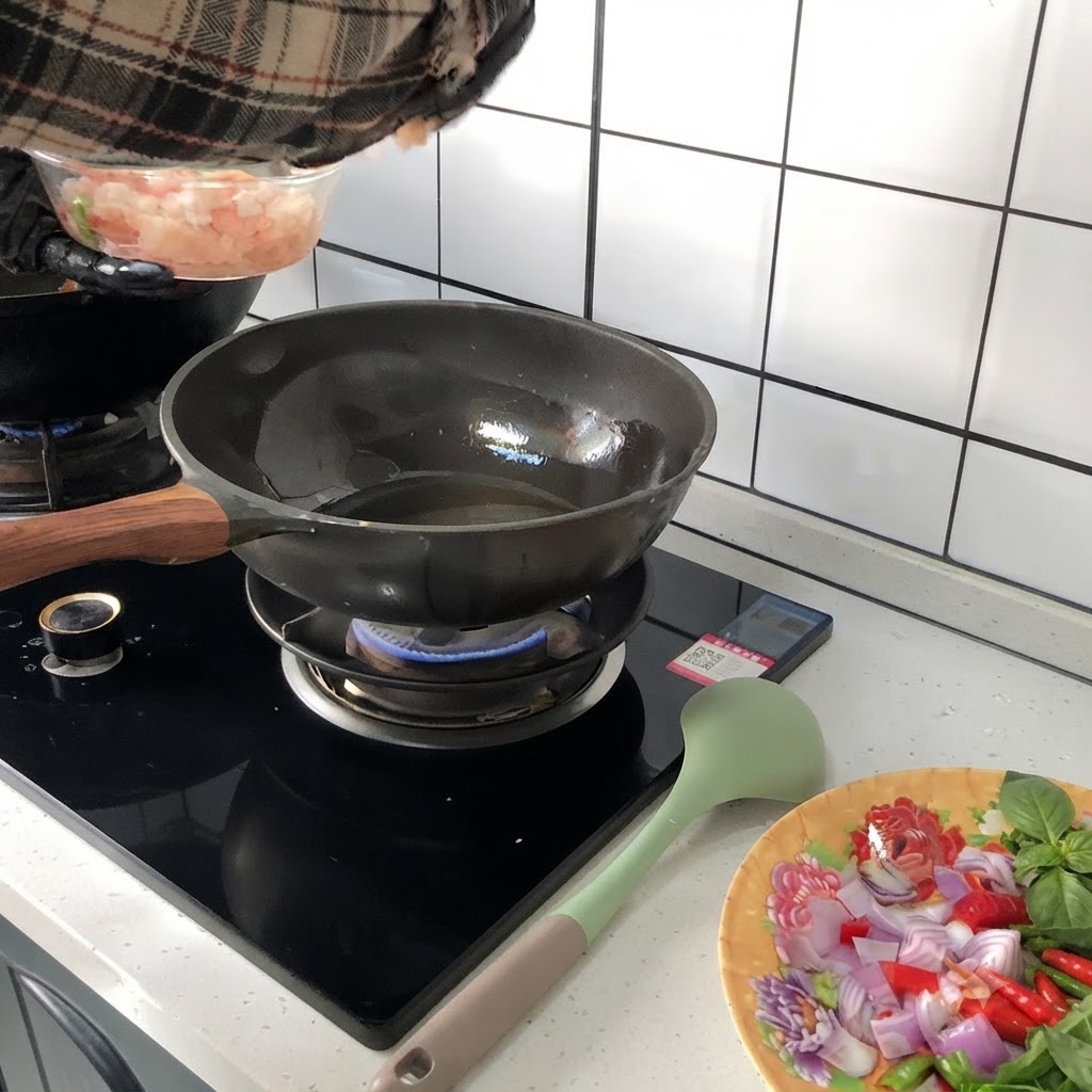 Trozos de pollo crudo cayendo desde un bol transparente hacia un wok caliente y aceitado sobre una estufa de gas.