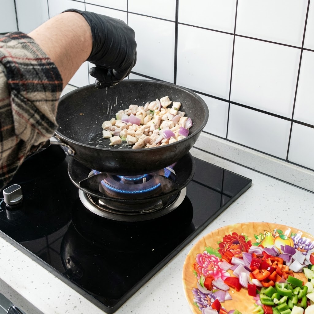 Trozos de pollo y cebolla siendo salteados en un wok con llamas activas elevándose desde el quemador inferior.