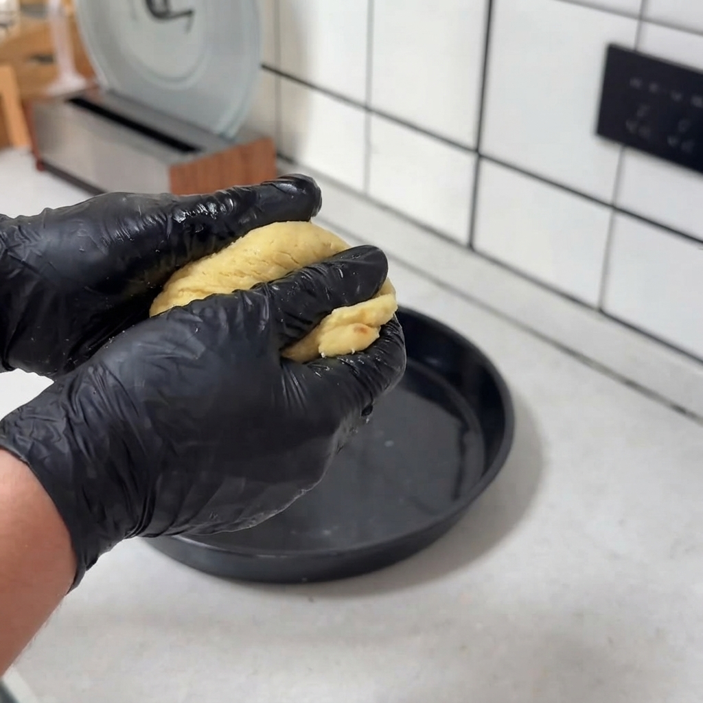 Manos enguantadas estirando y aplanando una bola de masa de pizza amarilla directamente dentro de un molde redondo y negro para pizza.