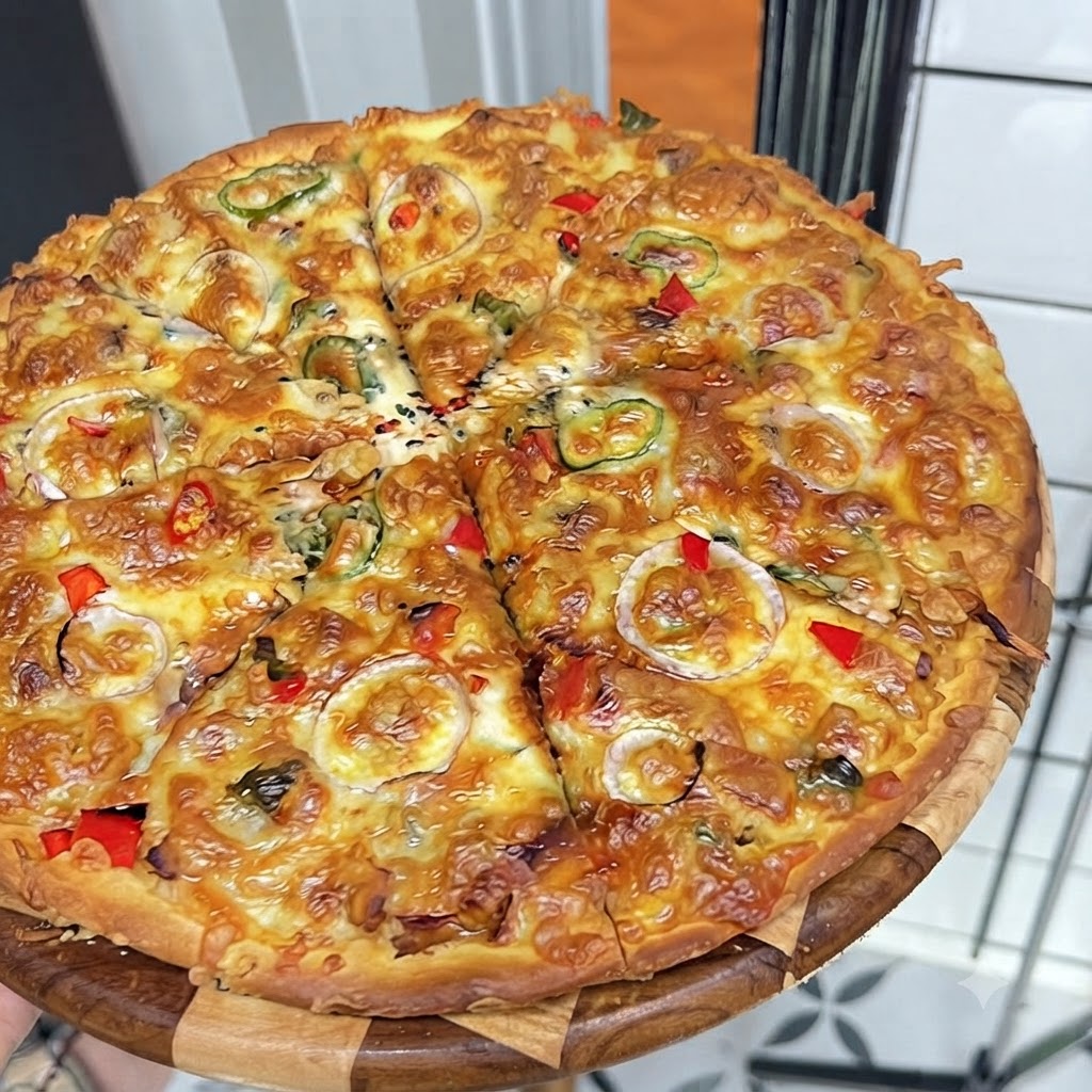 Queso mozzarella rallado siendo esparcido generosamente sobre una base de pizza horneada cubierta con la mezcla de pollo y verduras en un molde redondo.