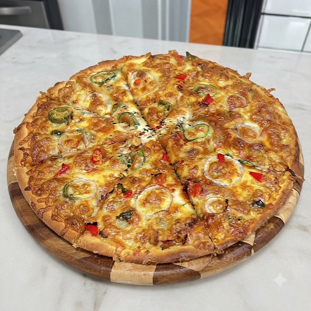 Primer plano de aros de cebolla morada cortados y rodajas de jalapeño verde vibrante dispuestos ordenadamente sobre una pizza cubierta de queso.