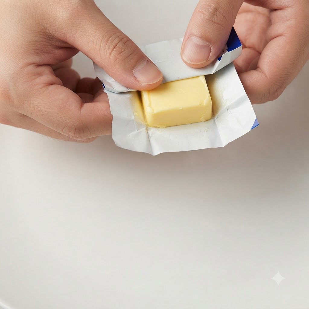 Manos quitando el envoltorio de papel aluminio de una barra de mantequilla sobre una superficie blanca.