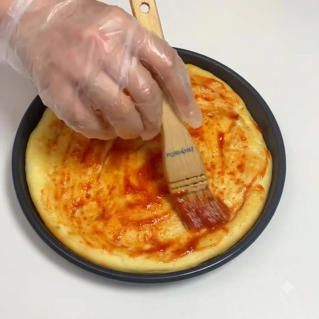 Una mano enguantada usando una brocha de repostería de madera para esparcir salsa de tomate de manera uniforme sobre una base de pizza redonda.