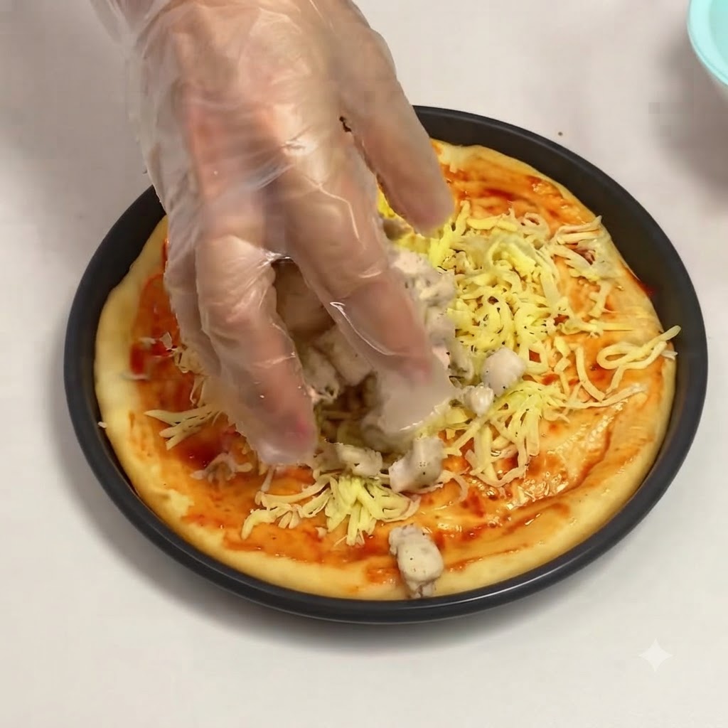 Mano enguantada colocando trozos de pechuga de pollo sellados sobre la capa de queso en la masa de pizza.