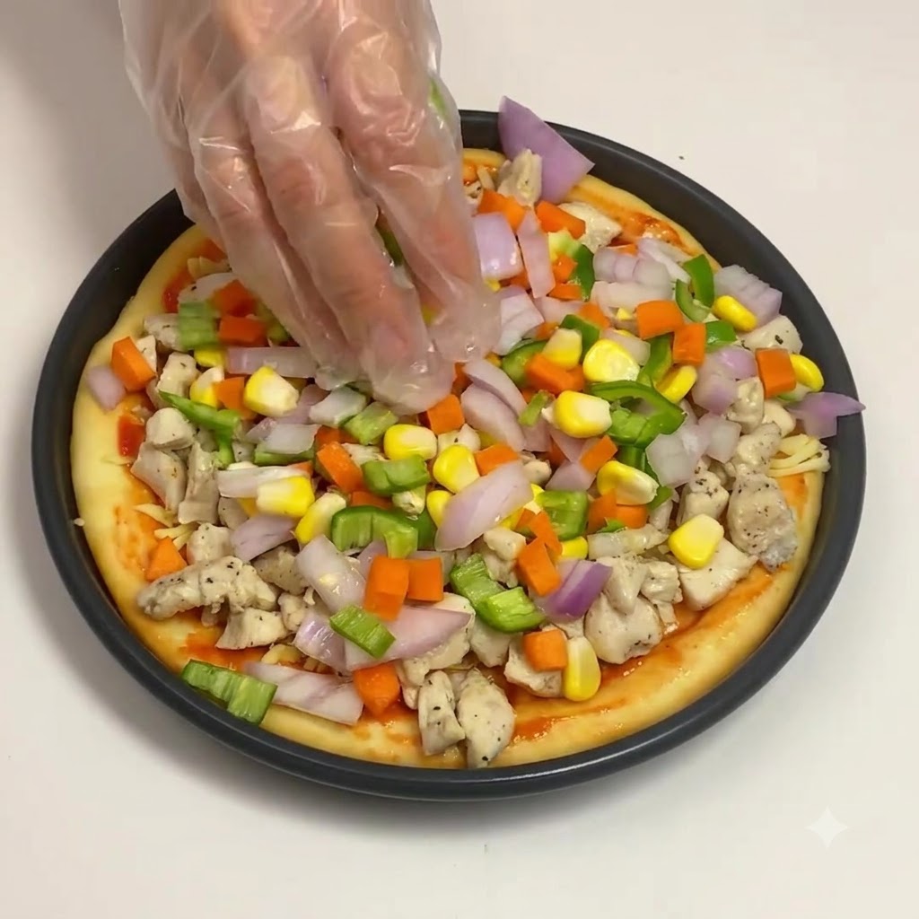 Mano enguantada esparciendo una mezcla colorida de cebollas picadas, zanahorias, pimientos y maíz sobre la cobertura de pollo.