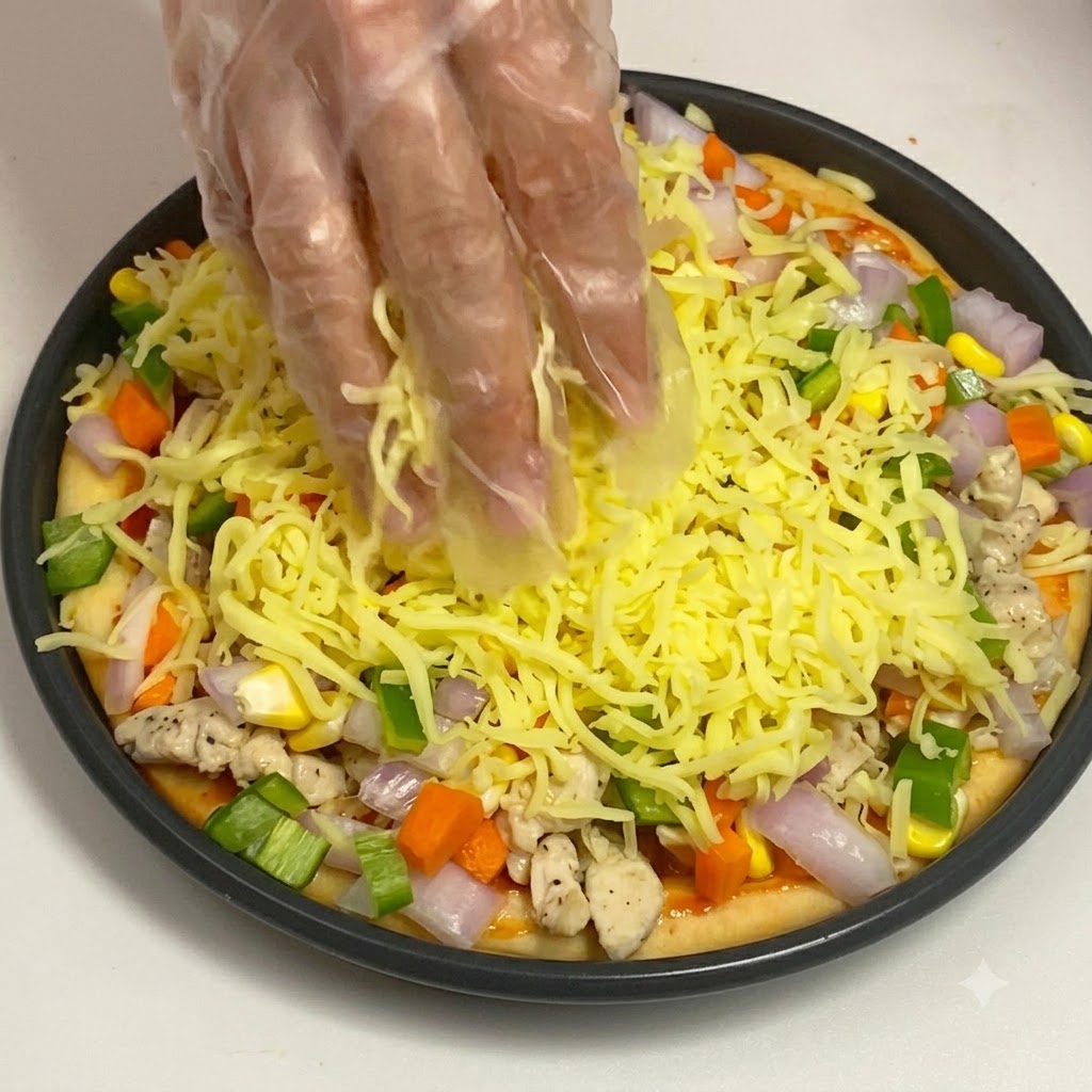 Mano enguantada esparciendo una capa gruesa de queso mozzarella rallado sobre la parte superior de los ingredientes de la pizza.