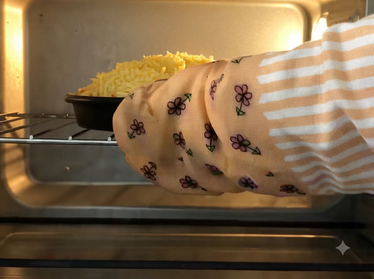 Mano usando un guante de cocina floral deslizando un molde de pizza en la rejilla de un horno precalentado.