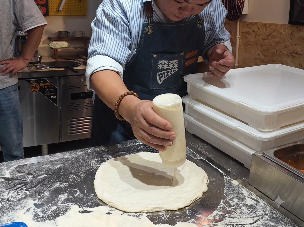 Un primer plano de una botella dispensadora aplicando aderezo en el centro de una masa de pizza circular dispuesta sobre una encimera enharinada.