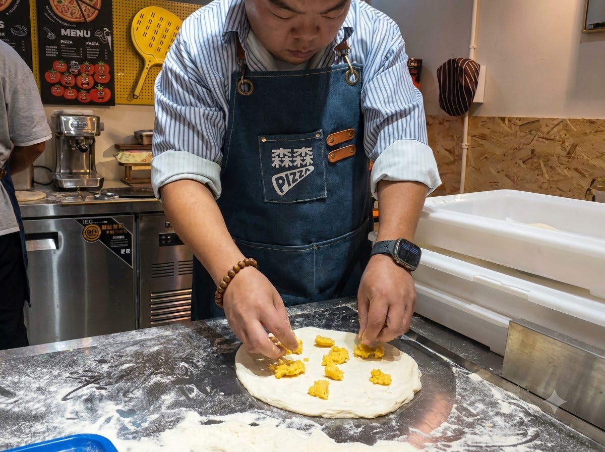 Manos colocando trozos de pollo frito dorados sobre la superficie de una base de pizza con salsa.