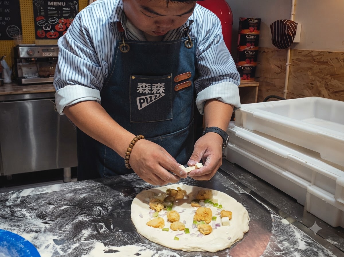 Manos colocando pequeños cubos de queso mozzarella blanco en la parte superior de la pizza.