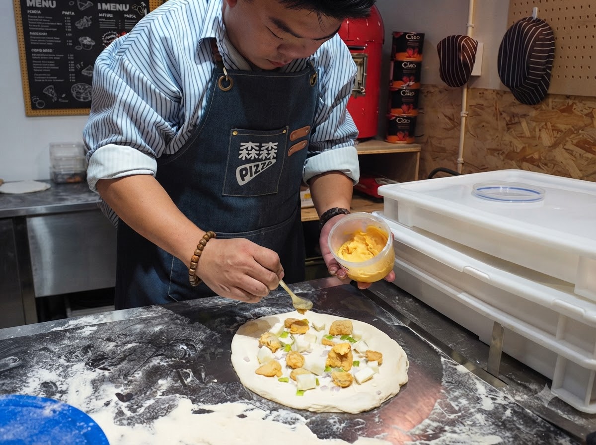 Una cuchara tomando y esparciendo salsa de yema de huevo de color amarillo brillante sobre los ingredientes de la pizza.