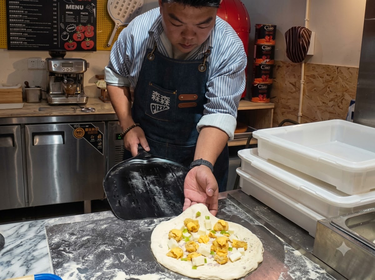Una pizza ensamblada que descansa sobre una pala para pizza negra espolvoreada con harina, lista para darle forma.