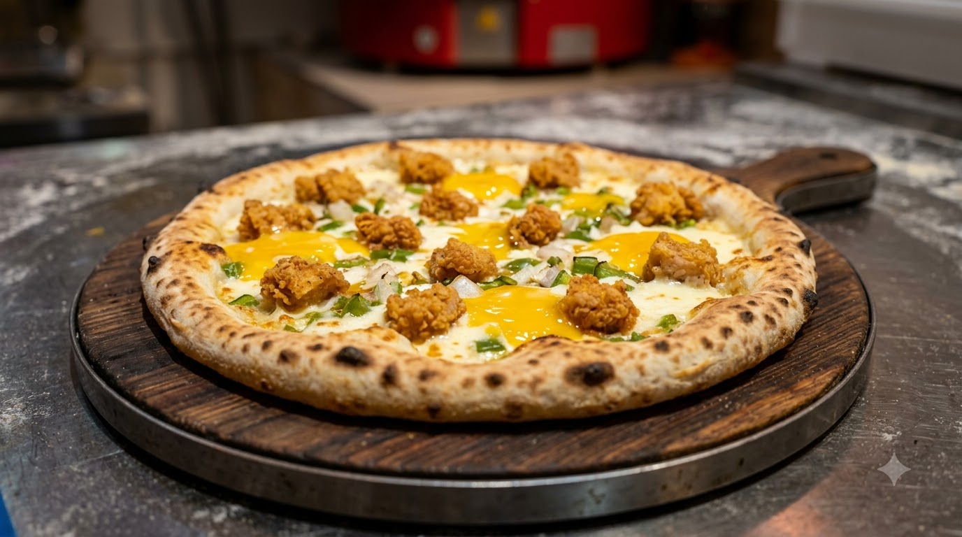 Una pizza de pollo tierno con yema de huevo salado recién horneada sobre una tabla de madera oscura con una corteza dorada y tostada