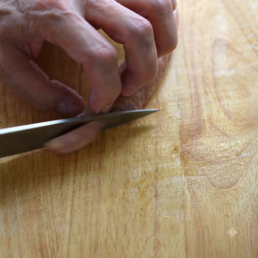 Un cuchillo de cocina cortando una salchicha taiwanesa en una tabla de cortar de madera en trozos limpios.