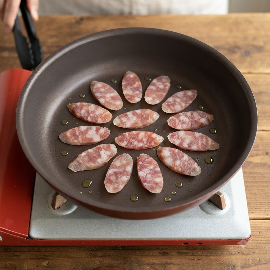 Rodajas de salchicha dispuestas en un patrón circular en una sartén con gotas de aceite.
