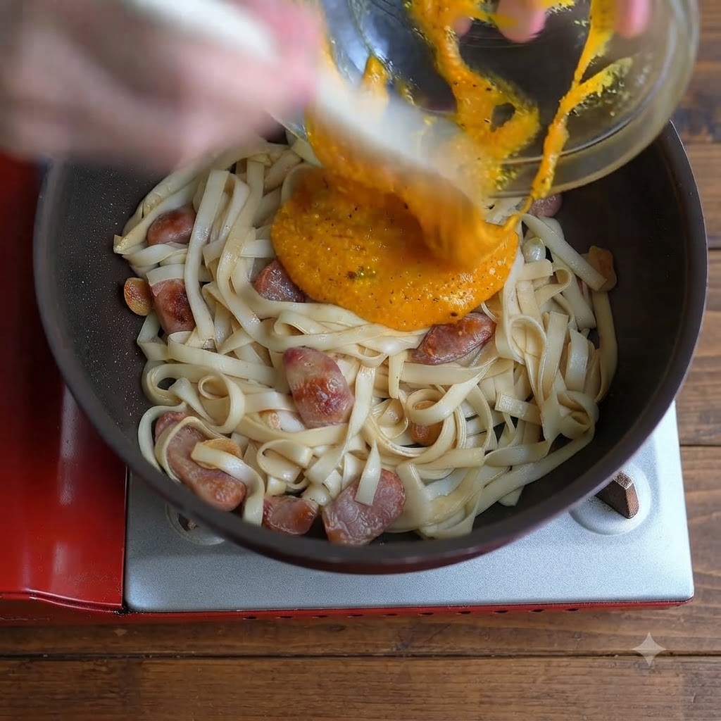 Salsa espesa y dorada de huevo y queso siendo vertida desde un bol de vidrio en una sartén llena de fideos anchos y salchicha en rodajas.