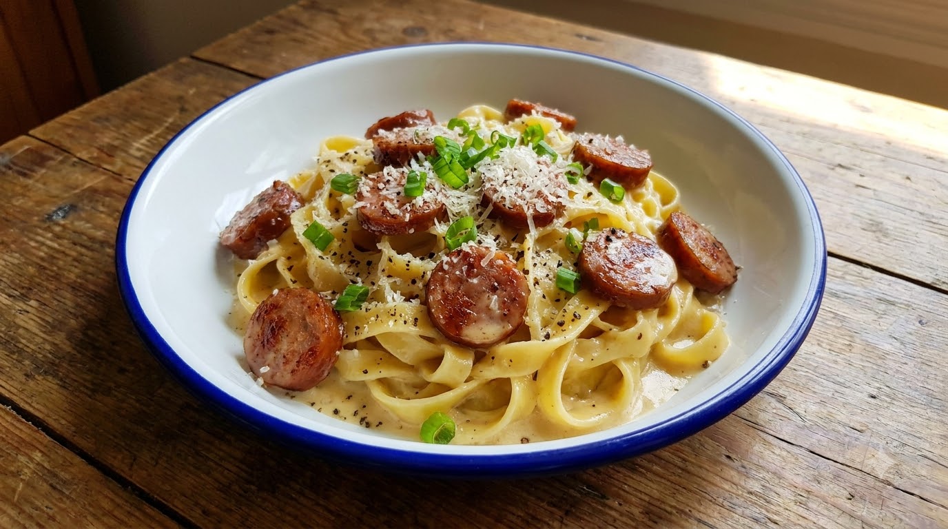 Un plato de fideos carbonara con salchicha taiwanesa adornados con cebollino y pimienta negra molida